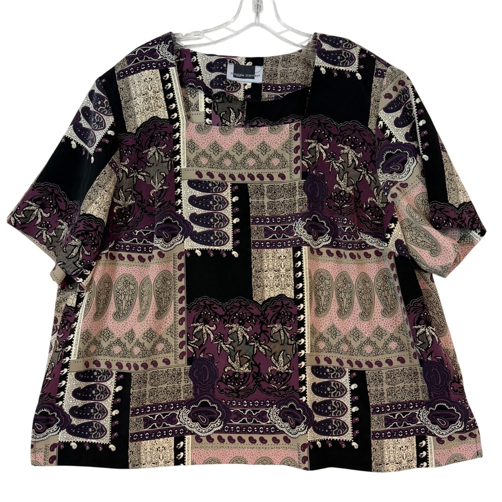 Maggie Barnes Womens Patchwork Paisley Floral Short Sleeve Blouse Purple Size 2X
